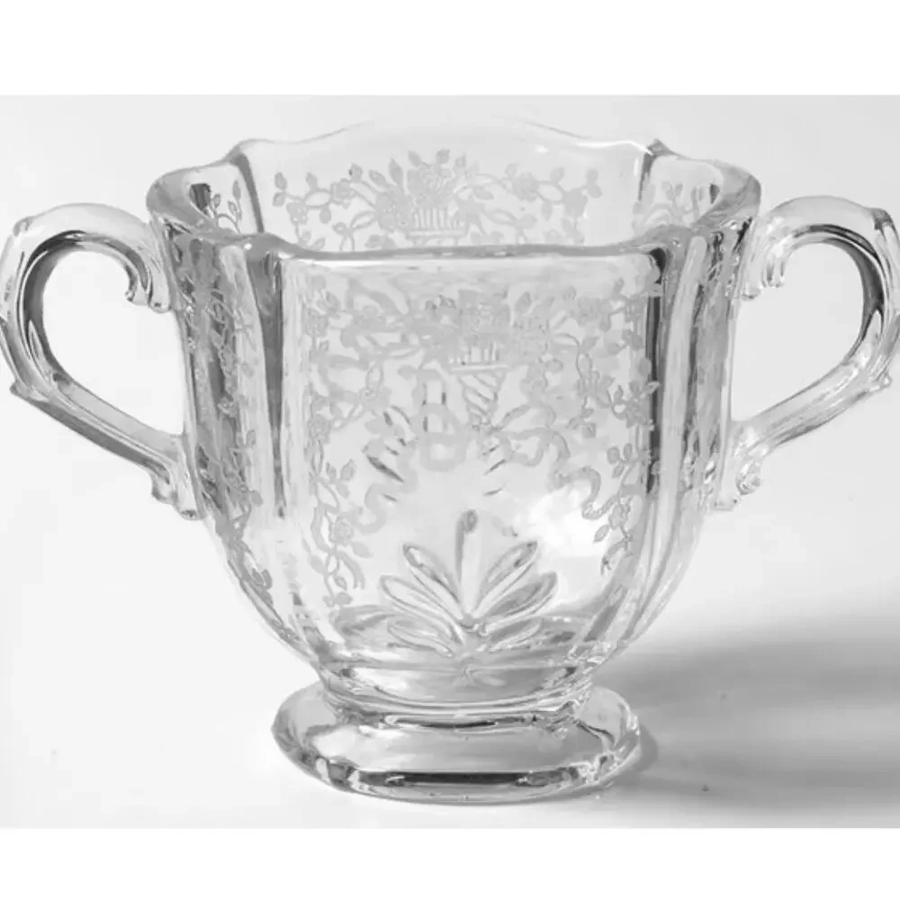 Fostoria Corsage Pattern Clear Etched Crystal Creamer Sugar Bowl & Relish Dish